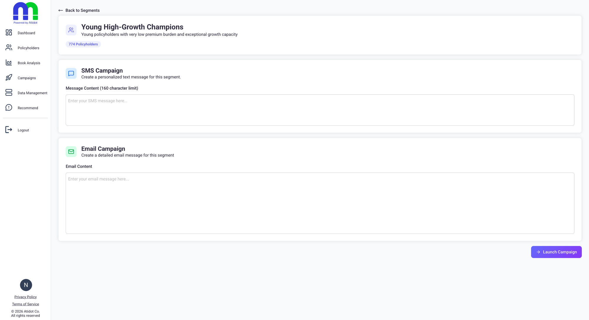 The previous campaign builder: a segment header above two empty message boxes