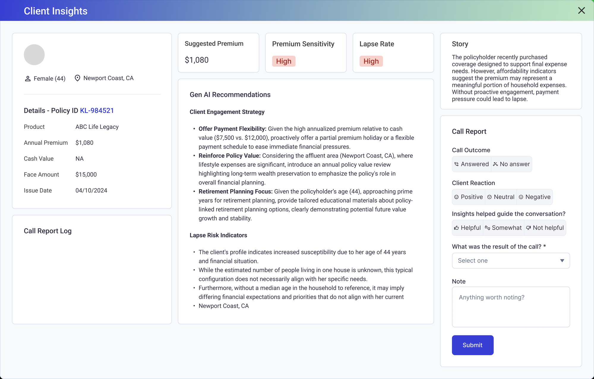 The previous client insight panel: model output and policy facts in matching cards, followed by long prose recommendations