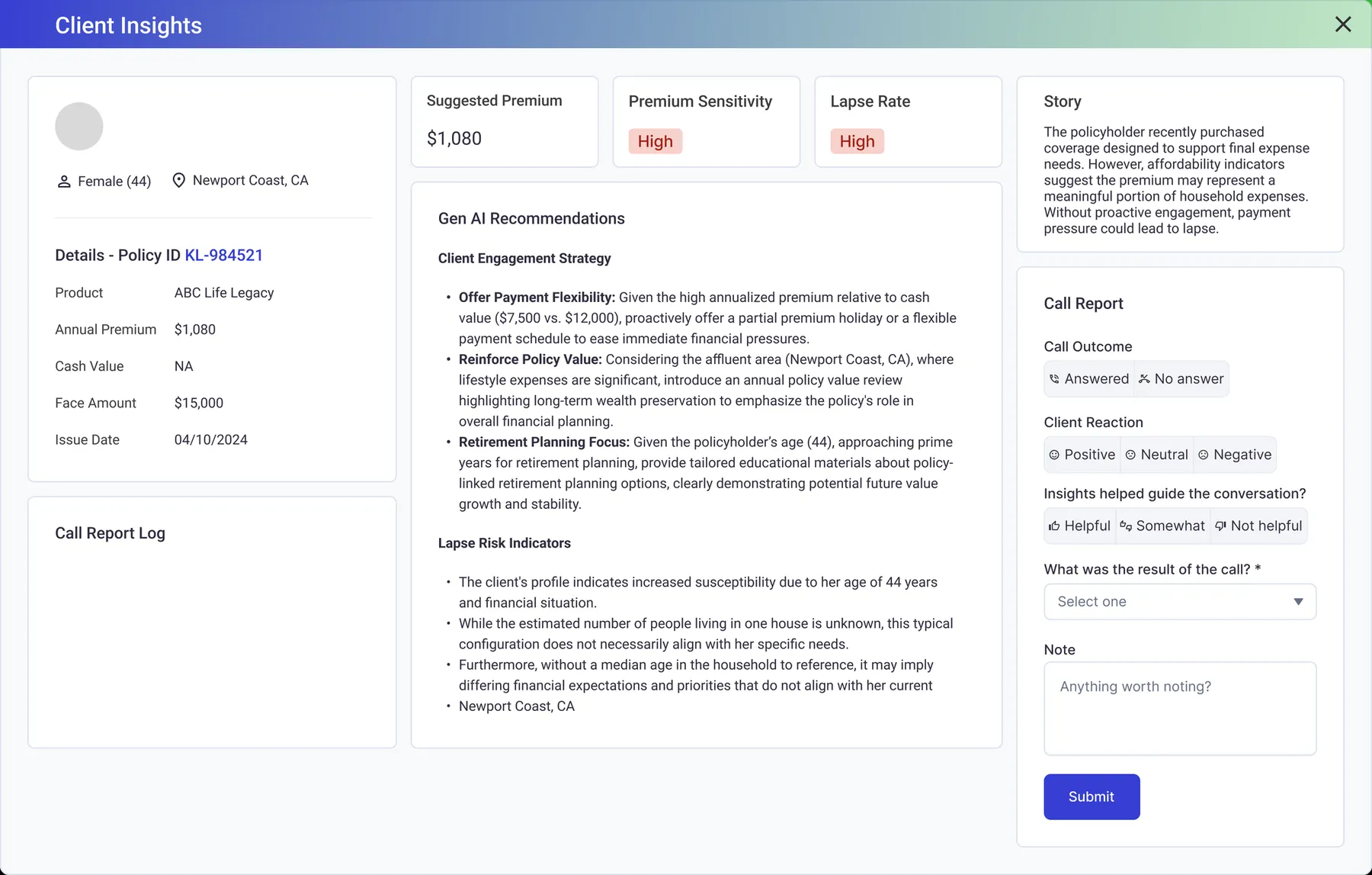 The original platform's client insight panel: model output and policy facts in matching cards, followed by long prose recommendations