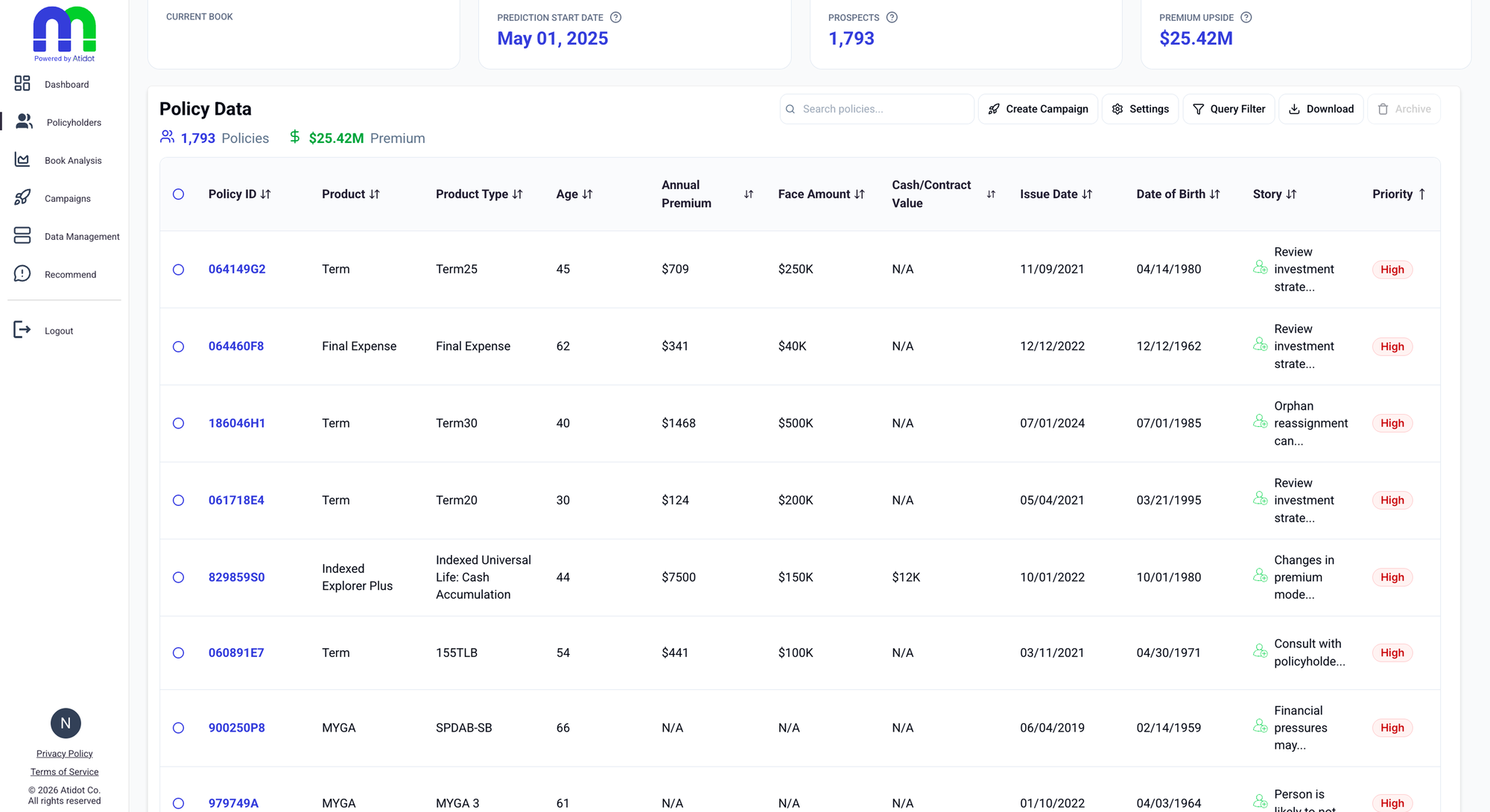 The previous policy list: rows of policy-record fields with a truncated story column and a priority flag