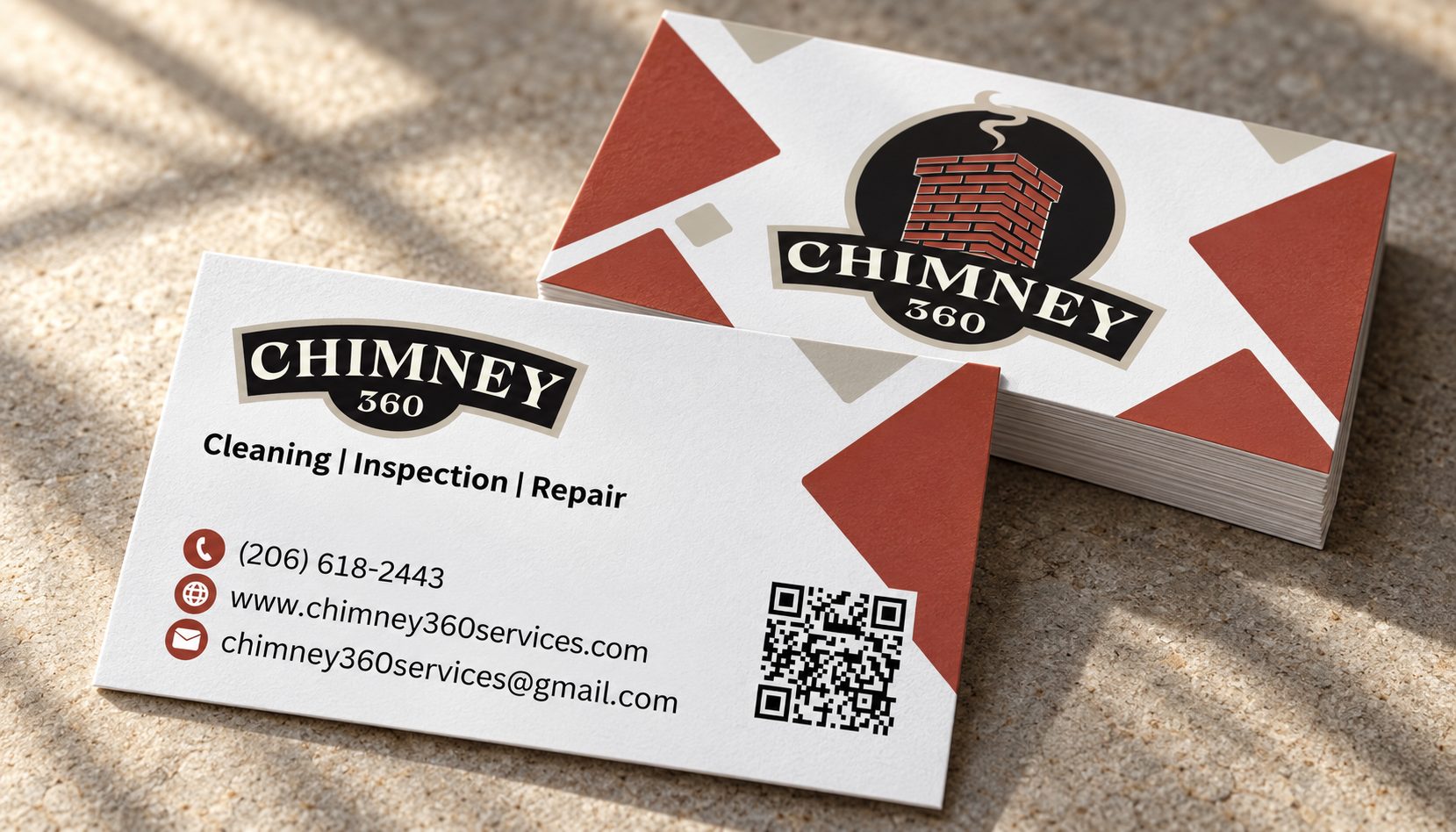 Chimney 360 business cards: the front shows the chimney badge logo between brick-red corner shapes, the back shows the compact logo, services, phone, website, email and a QR code