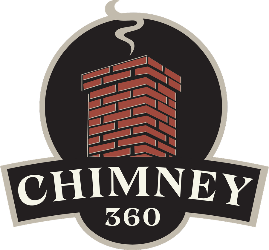 Chimney 360 primary logo: a brick chimney with a curl of smoke inside a charcoal circle, over a banner reading CHIMNEY 360