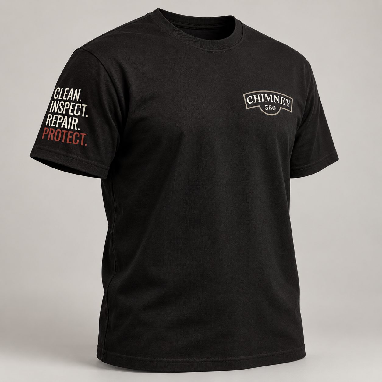 A black crew T-shirt with the compact Chimney 360 logo on the chest and Clean. Inspect. Repair. Protect. down the sleeve