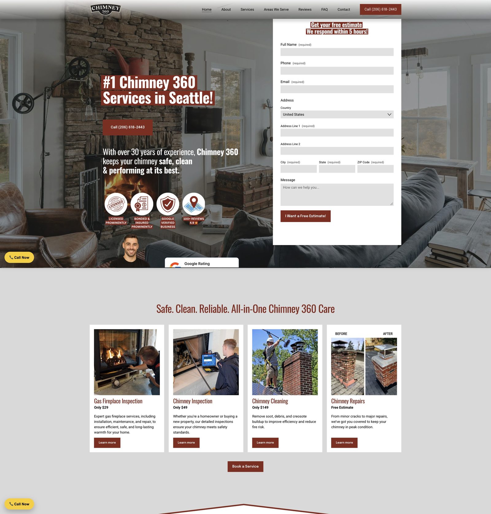 The Chimney 360 homepage: a hero with a call button and free estimate form, then service cards for gas fireplace inspection, chimney inspection, cleaning and repairs with starting prices