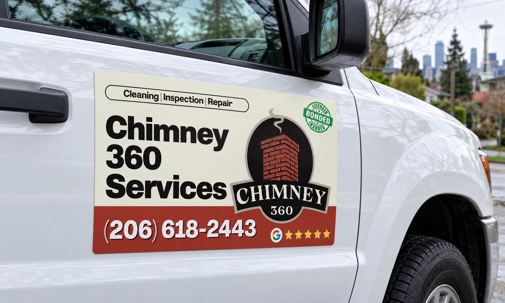 A Chimney 360 magnet on a white service truck door: services, the business name, phone number, the badge logo, a licensed and bonded seal and Google stars