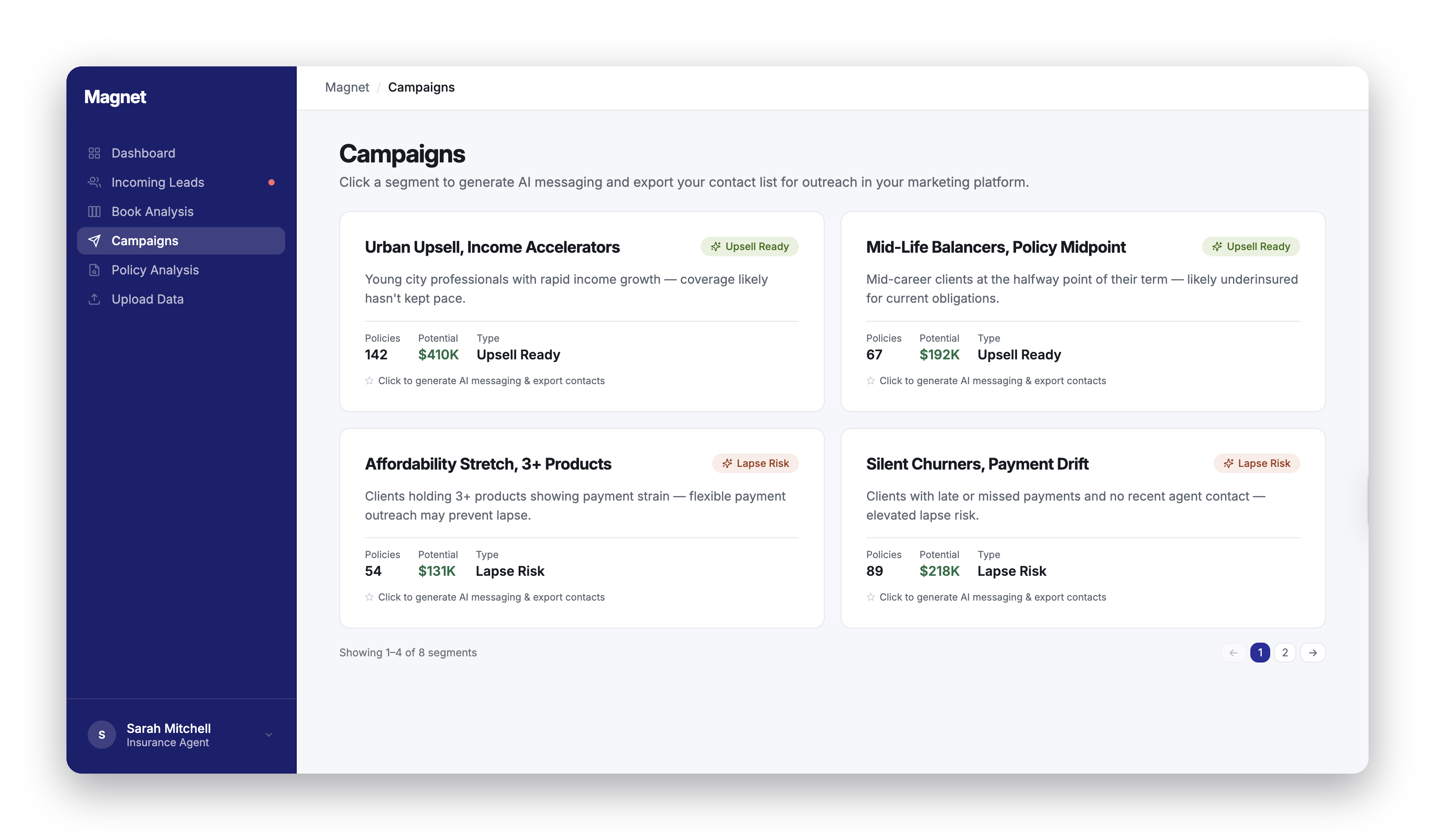 Campaigns page with segment cards for export