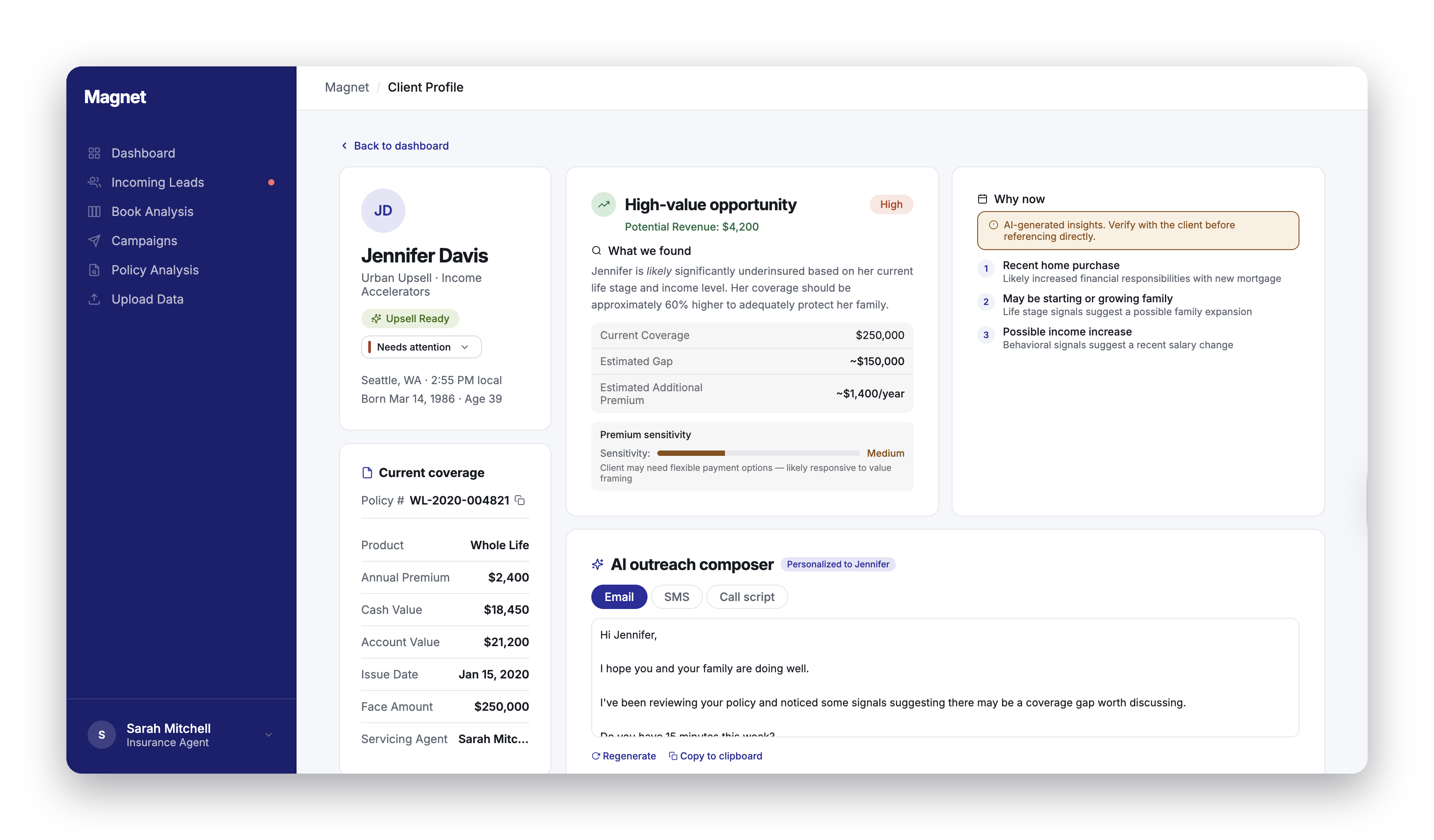 Client profile with 'Why now' signals and AI-disclosure badge