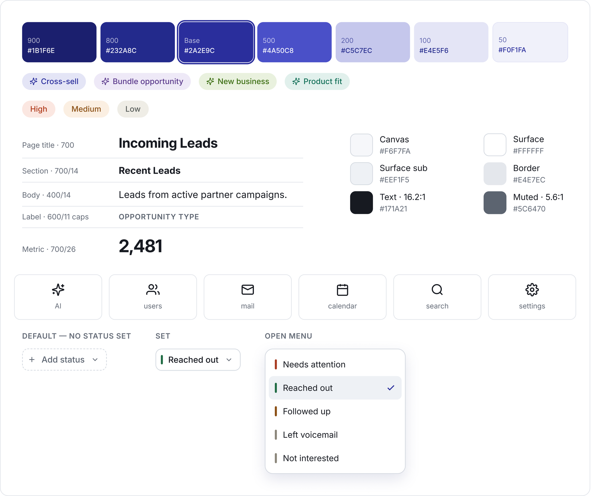 The Magnet design library: the indigo color ramp with hex values, opportunity and priority badge families, the type scale, surface and text tokens with their contrast ratios, the icon set, and the outreach status system