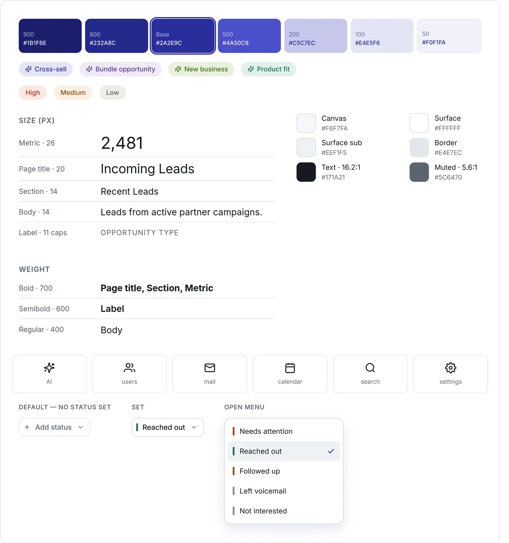 The Magnet design library: the indigo color ramp with hex values, opportunity and priority badge families, the type scale split into size and weight tables, surface and text tokens with their contrast ratios, the icon set, and the outreach status system