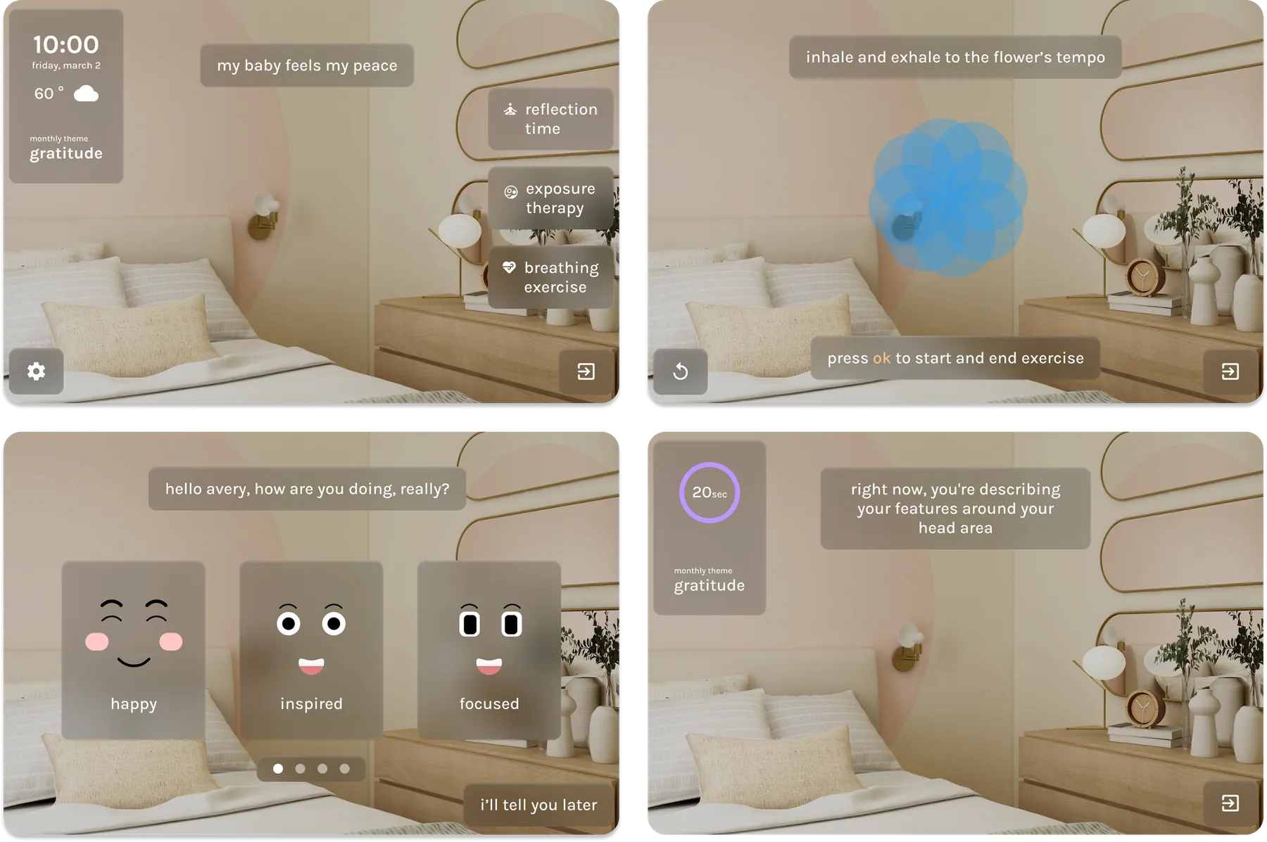 Four screens from the tested prototype: home with feature menu, breathing exercise, daily check-in, and timed exposure therapy