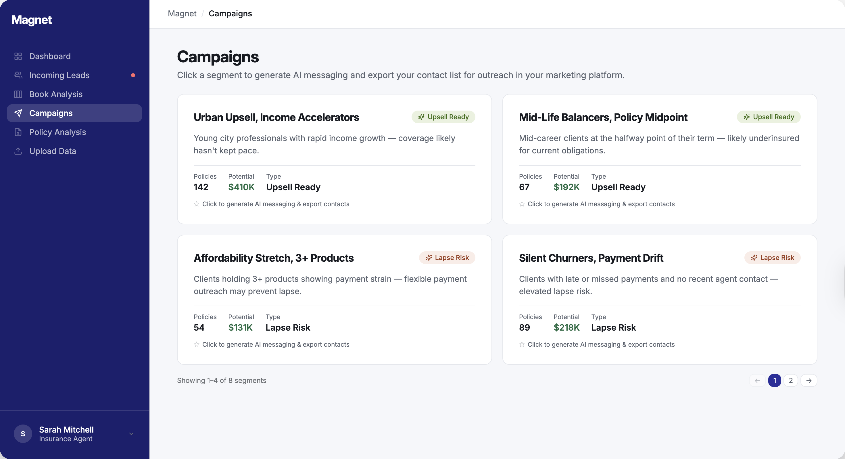 Campaigns page with segment cards for export