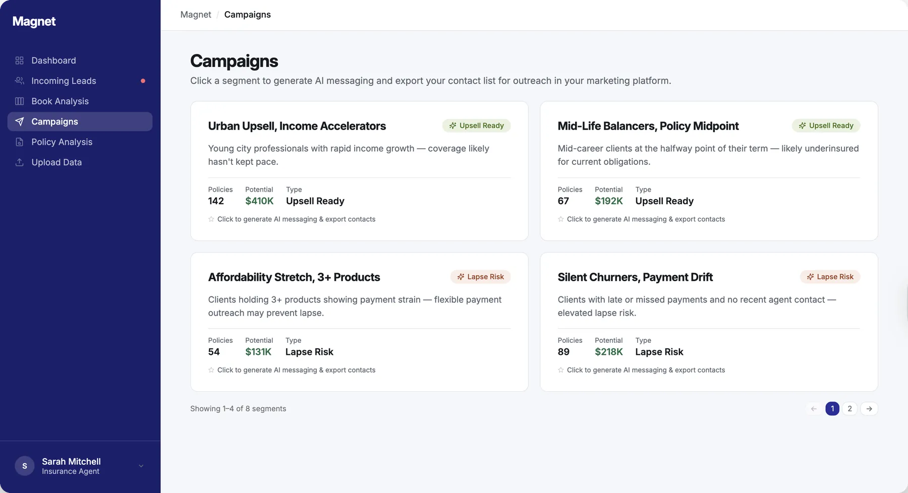 Campaigns page with four segment cards, two marked Upsell Ready and two marked Lapse Risk, each showing a short description, policy count, revenue potential and a prompt to generate AI messaging and export contacts