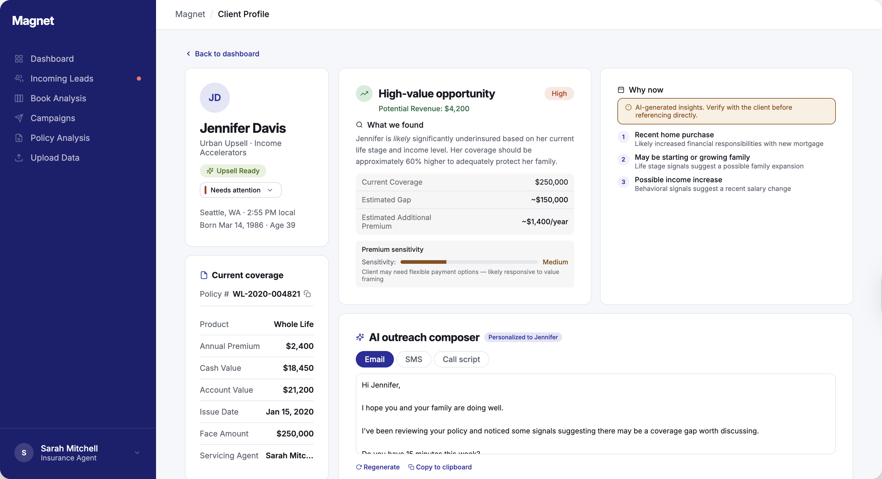 Client profile with 'Why now' signals and AI-disclosure badge