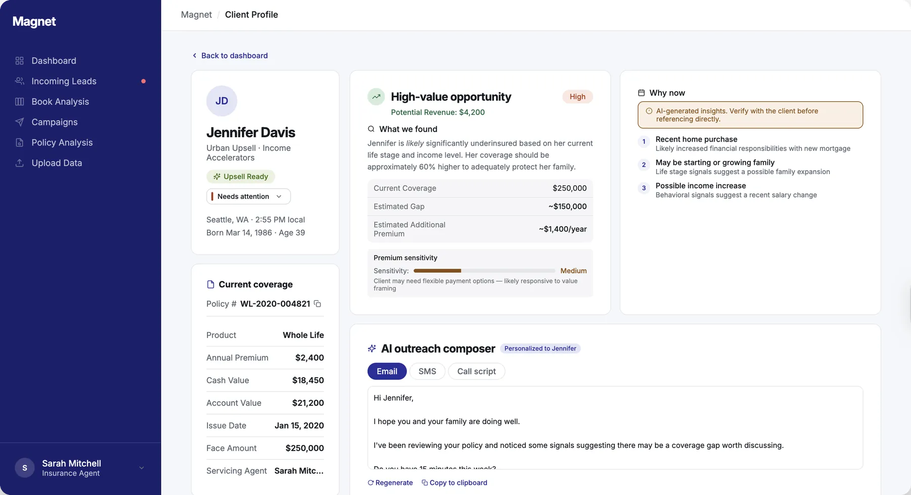 Magnet's client profile: a high-value opportunity card labelled as an AI-generated insight, next to a 'Why now' panel listing the ranked signals behind the prediction