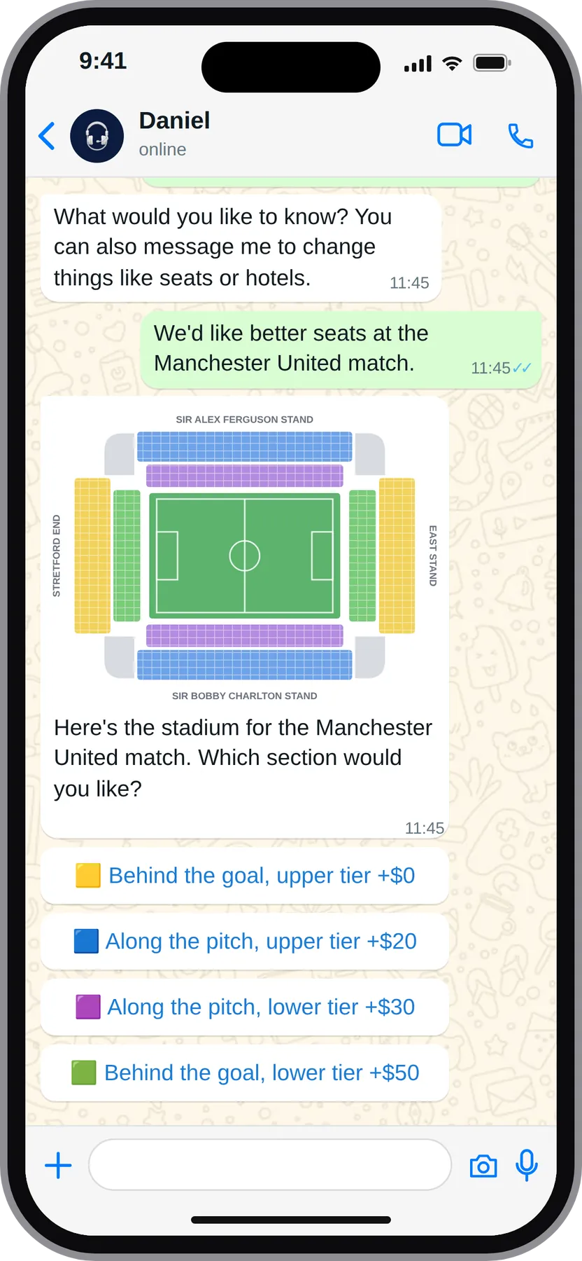 WhatsApp chat showing a stadium seating map with tappable price tiers