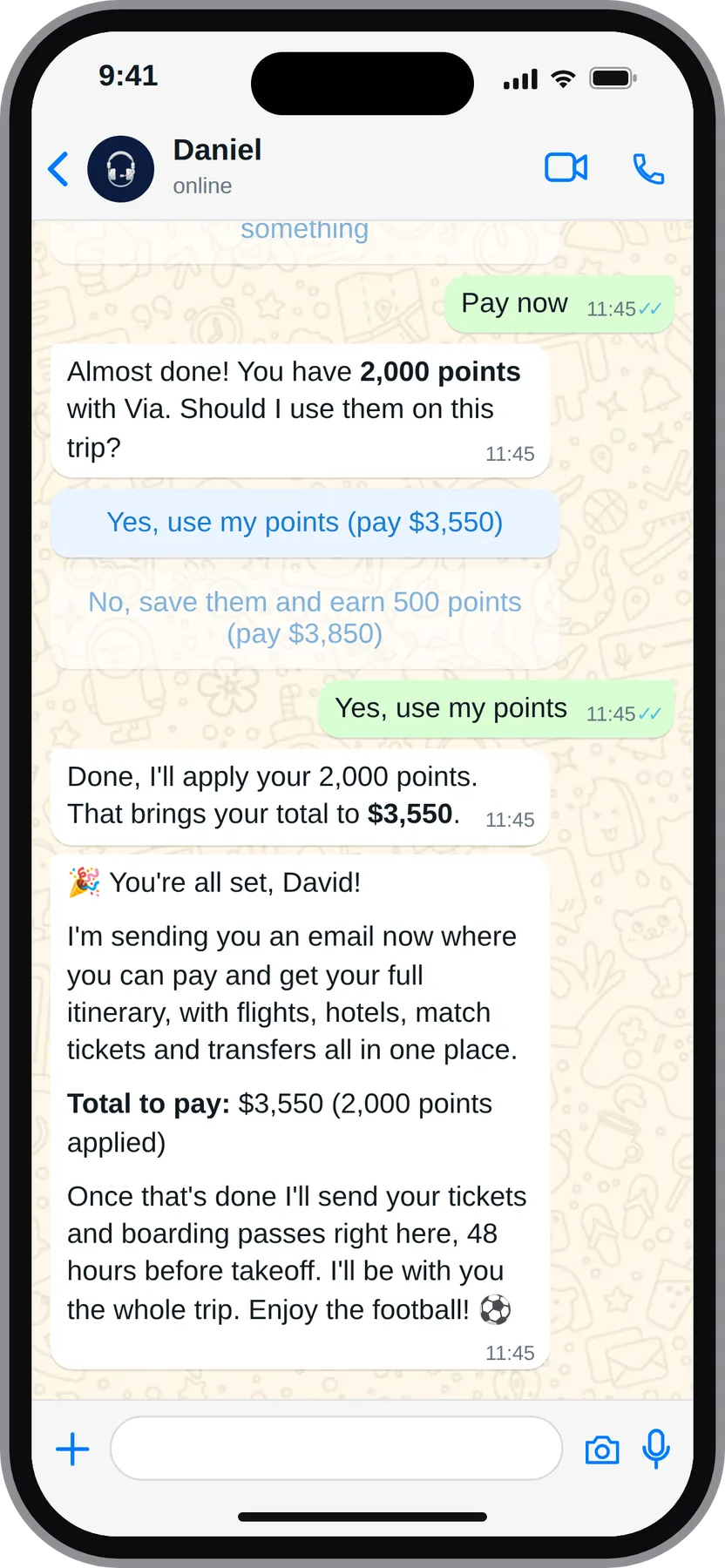 WhatsApp chat showing Daniel confirming the trip and sending a payment email
