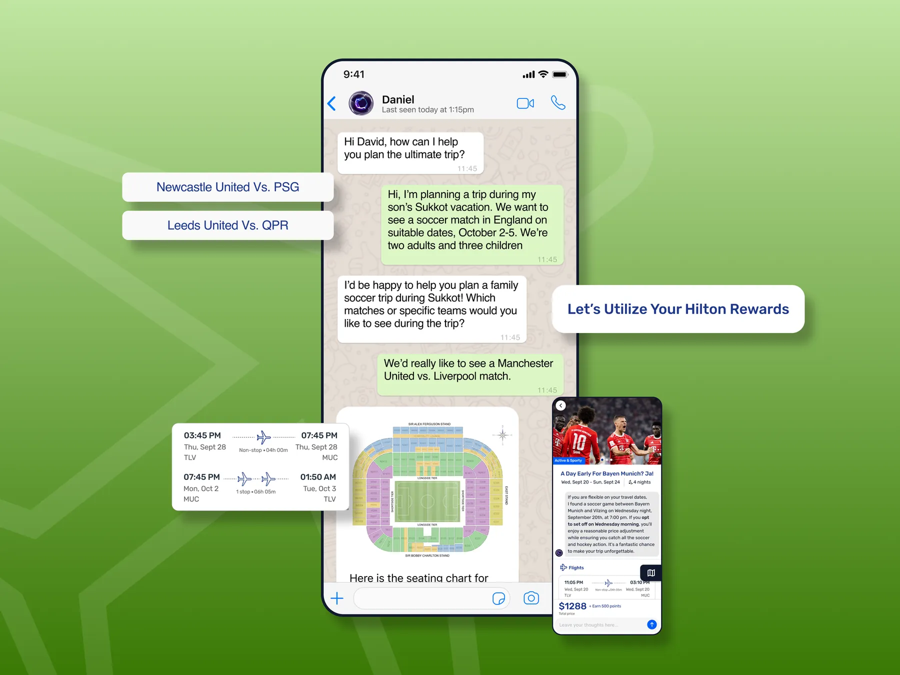 Daniel, the Via.ai concierge, planning a family football trip inside a WhatsApp conversation, with flight options, a stadium seating chart and a loyalty-points hotel offer